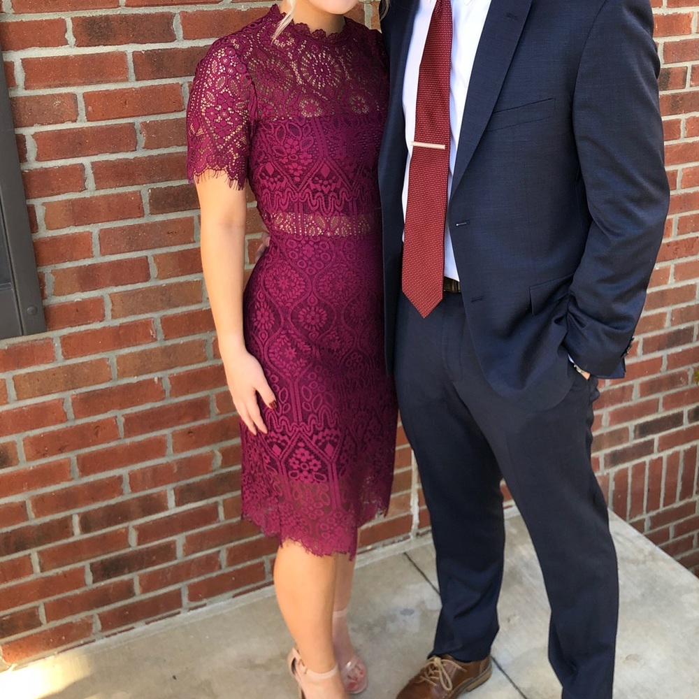 burgundy lace mini/midi dress